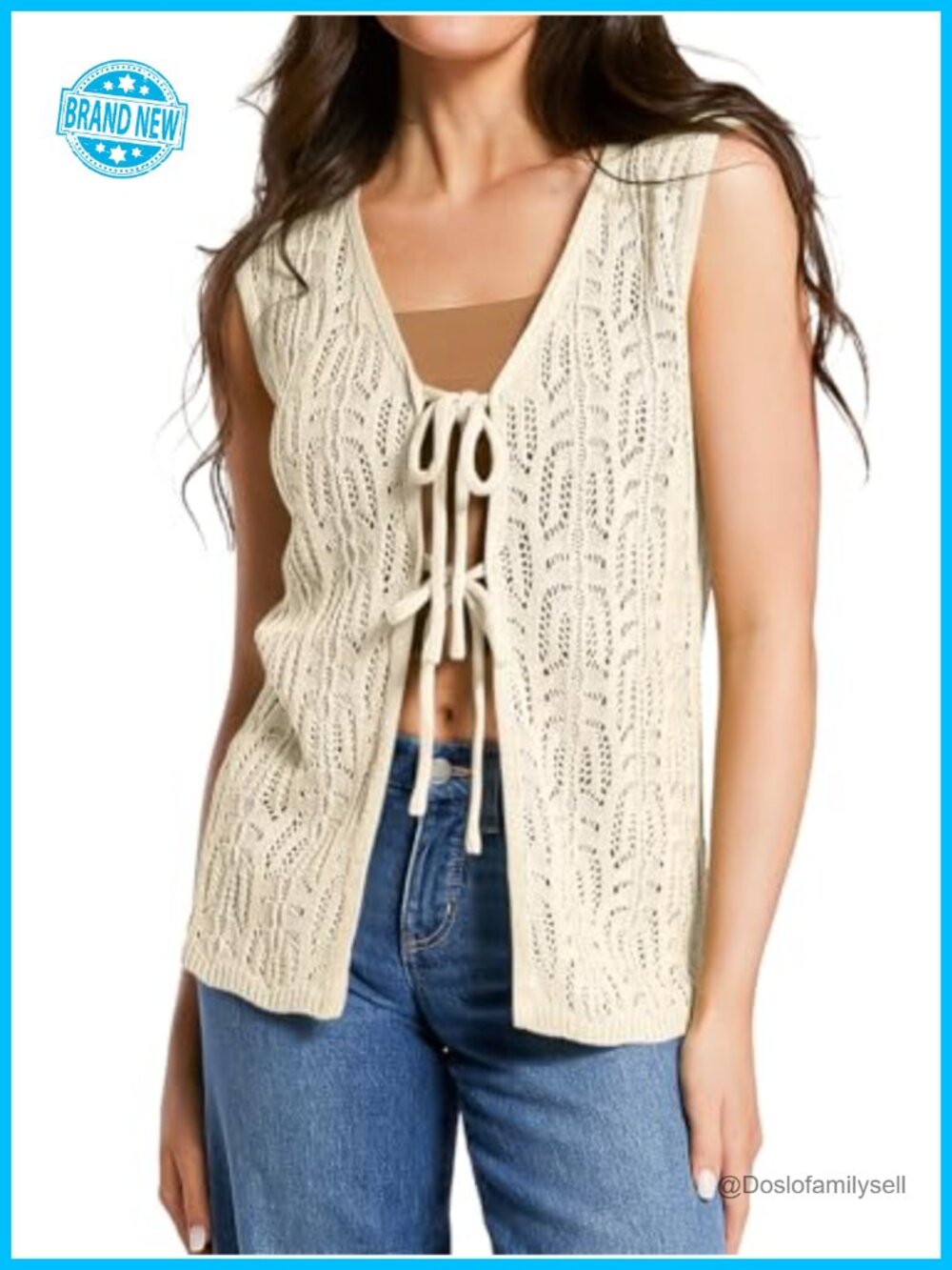 Sleeveless Tie Front Hollow Out Knit Vest V Neck Cardigan Boho Beach Cover Up